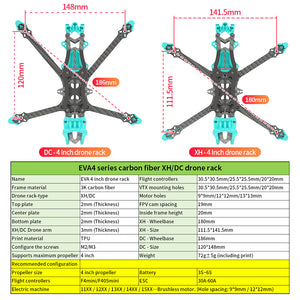 4-inch FPV drone frame kit, XH wheelbase 180mm, DC wheelbase 186mm, carbon fiber quadcopter frame with 3mm arm